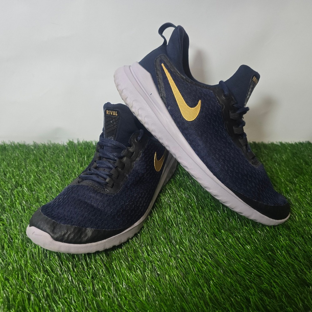 Nike Size 10.5 Navy Blue Renew Rival Running Shoes Mens AA7411-003 Gold Swoosh